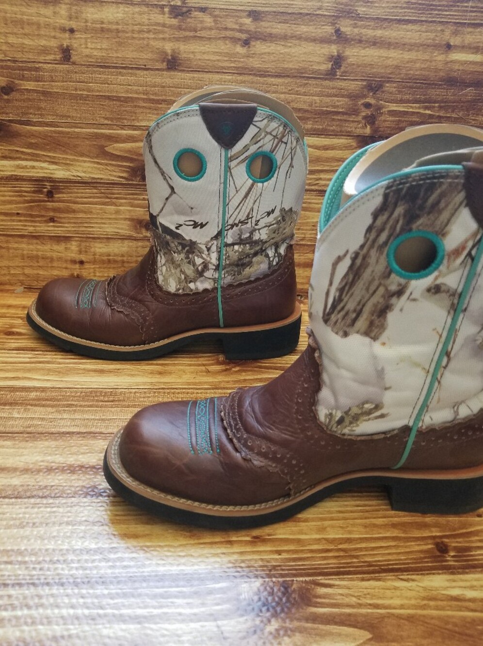 Ariat Fatbaby Camo Western Boots Brown Teal Leather Cowgirl 9.5 B 10009503 Boxed - Picture 8 of 16